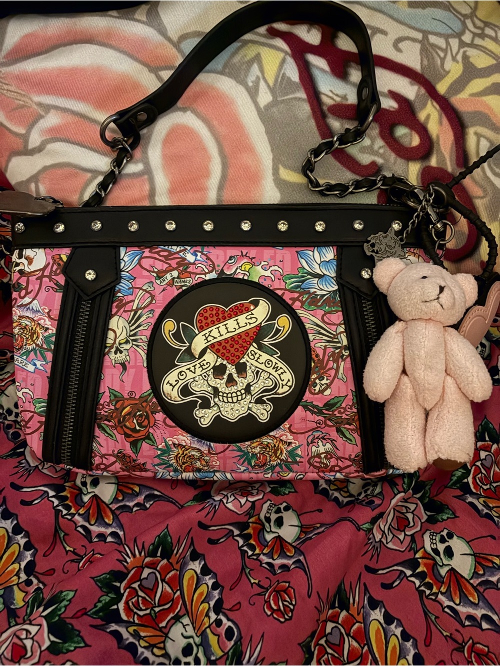 Ed Hardy Pink Floral Heart Accent Crossbody Bag